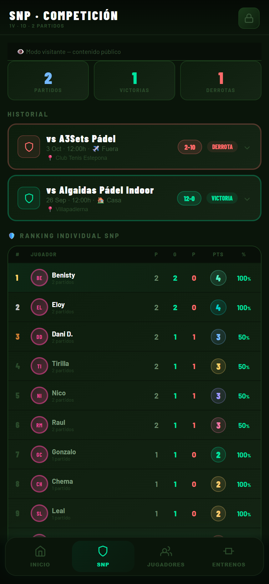 Flow Padel competition screen with the match history and the individual ranking