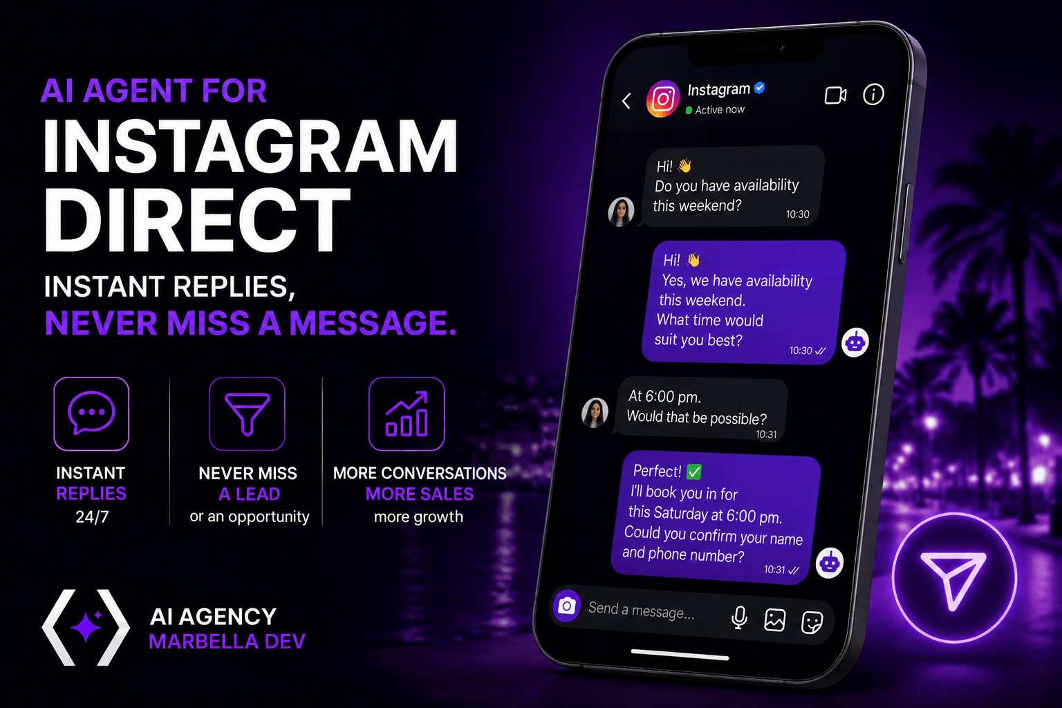 AI agent for Instagram Direct (cover) AI agent for Instagram Direct answering a customer booking enquiry instantly