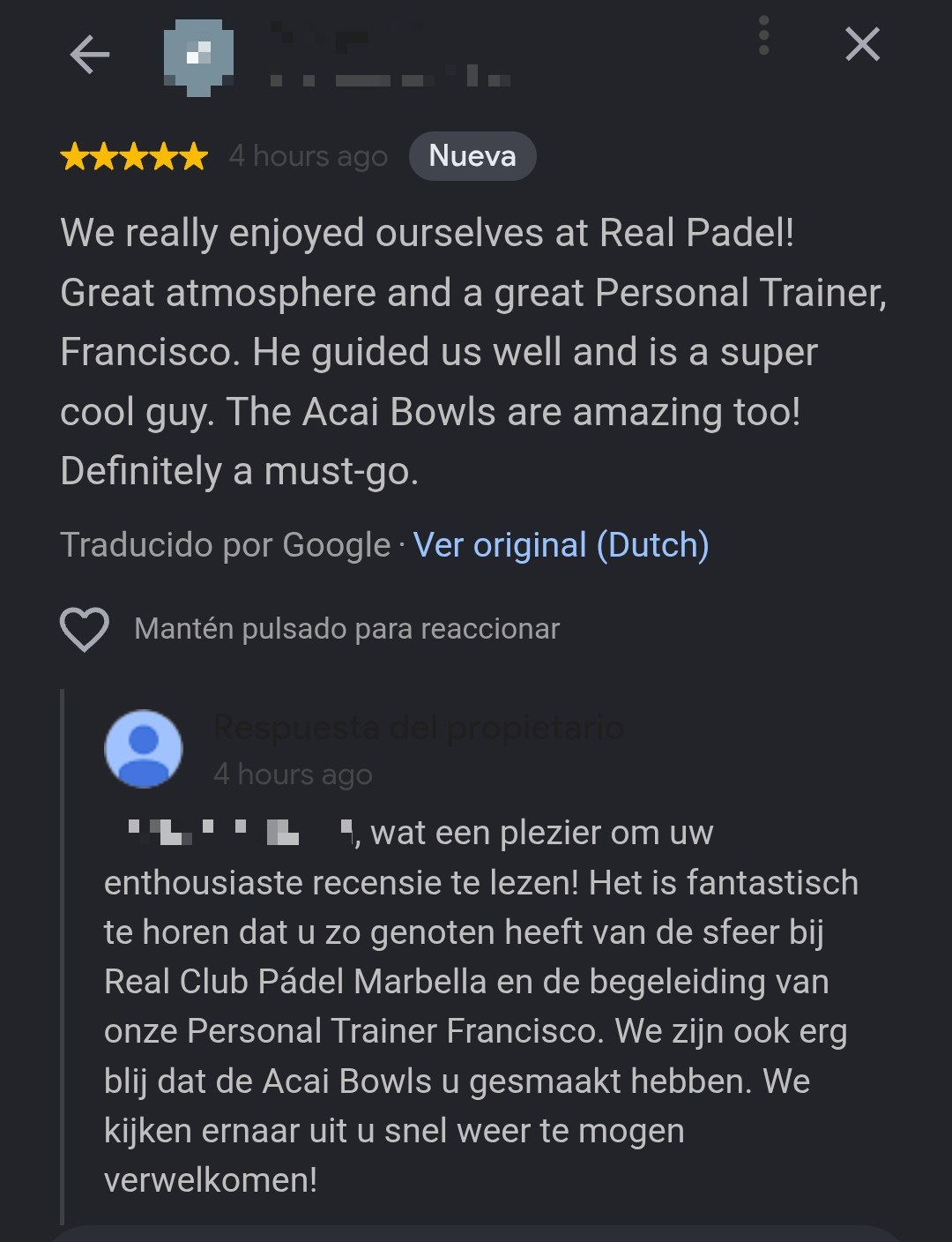 Reseña de Google en neerlandés respondida automáticamente por la IA del Real Club Pádel Marbella en el mismo idioma