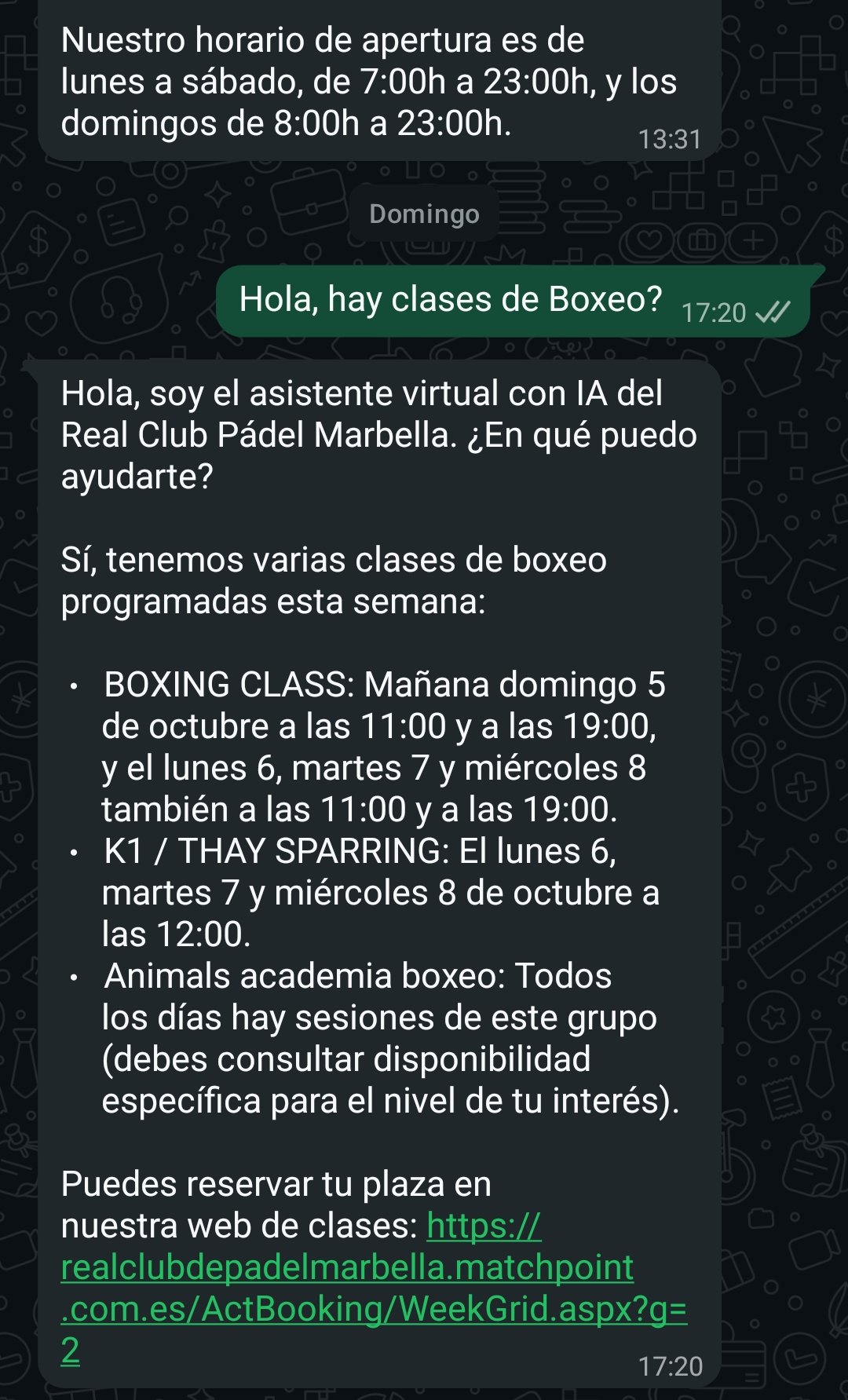 Conversación de WhatsApp: el agente de IA del Real Club Pádel Marbella lista las clases de boxeo de la semana con días y horas