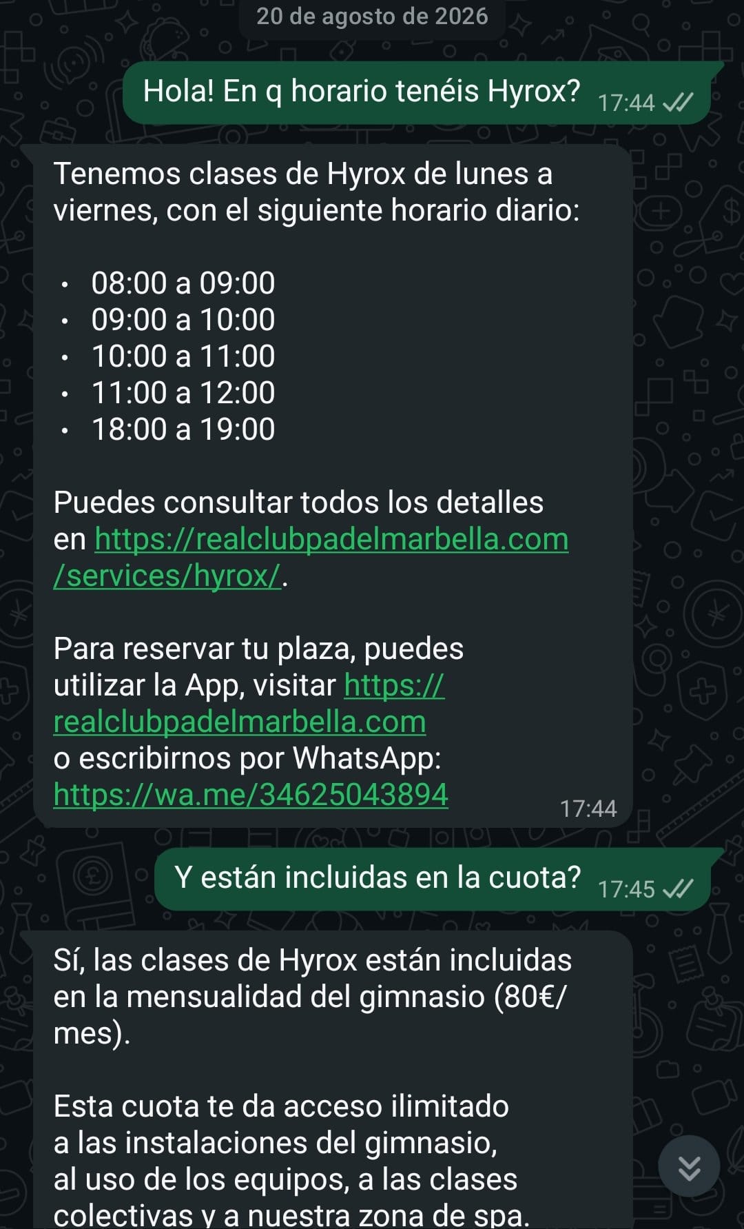 Conversación de WhatsApp: el agente de IA del Real Club Pádel Marbella informa de los horarios de Hyrox y de si están incluidos en la cuota