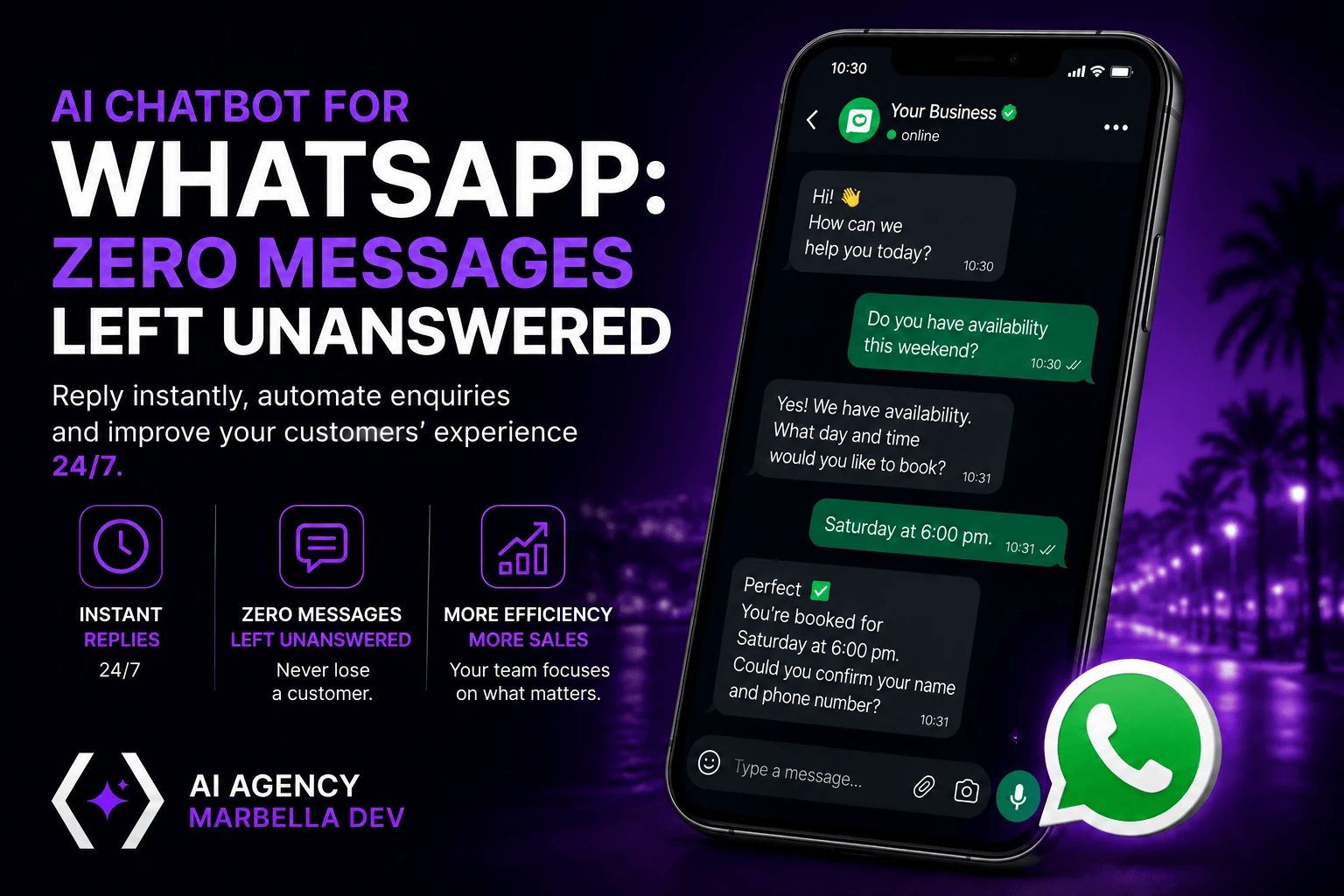 AI chatbot for WhatsApp Business replying instantly to a customer booking enquiry: zero unanswered messages